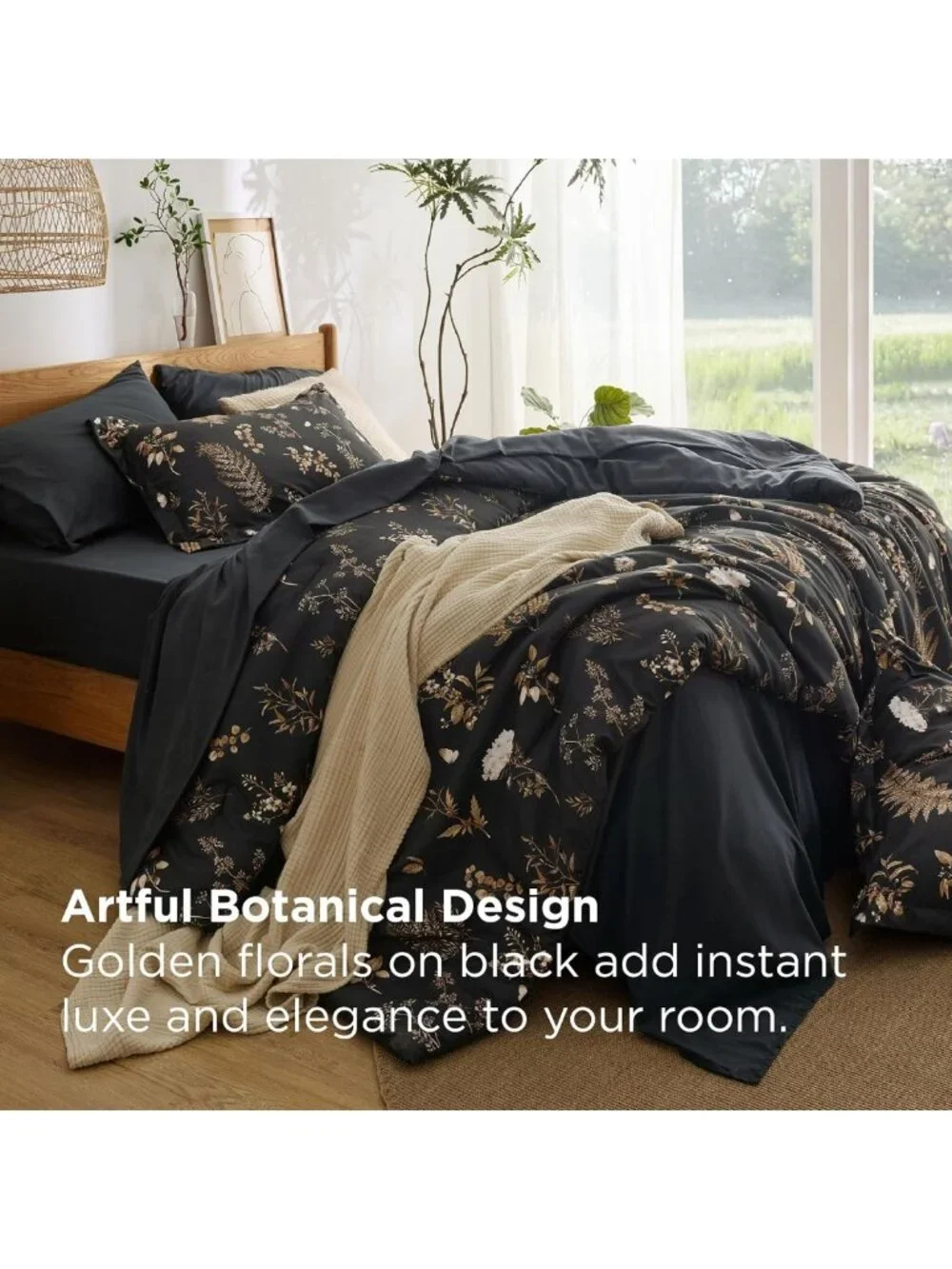 Floral Black King Comforter Set - 7 Piece Luxury Bedding Set for Cozy Bedrooms